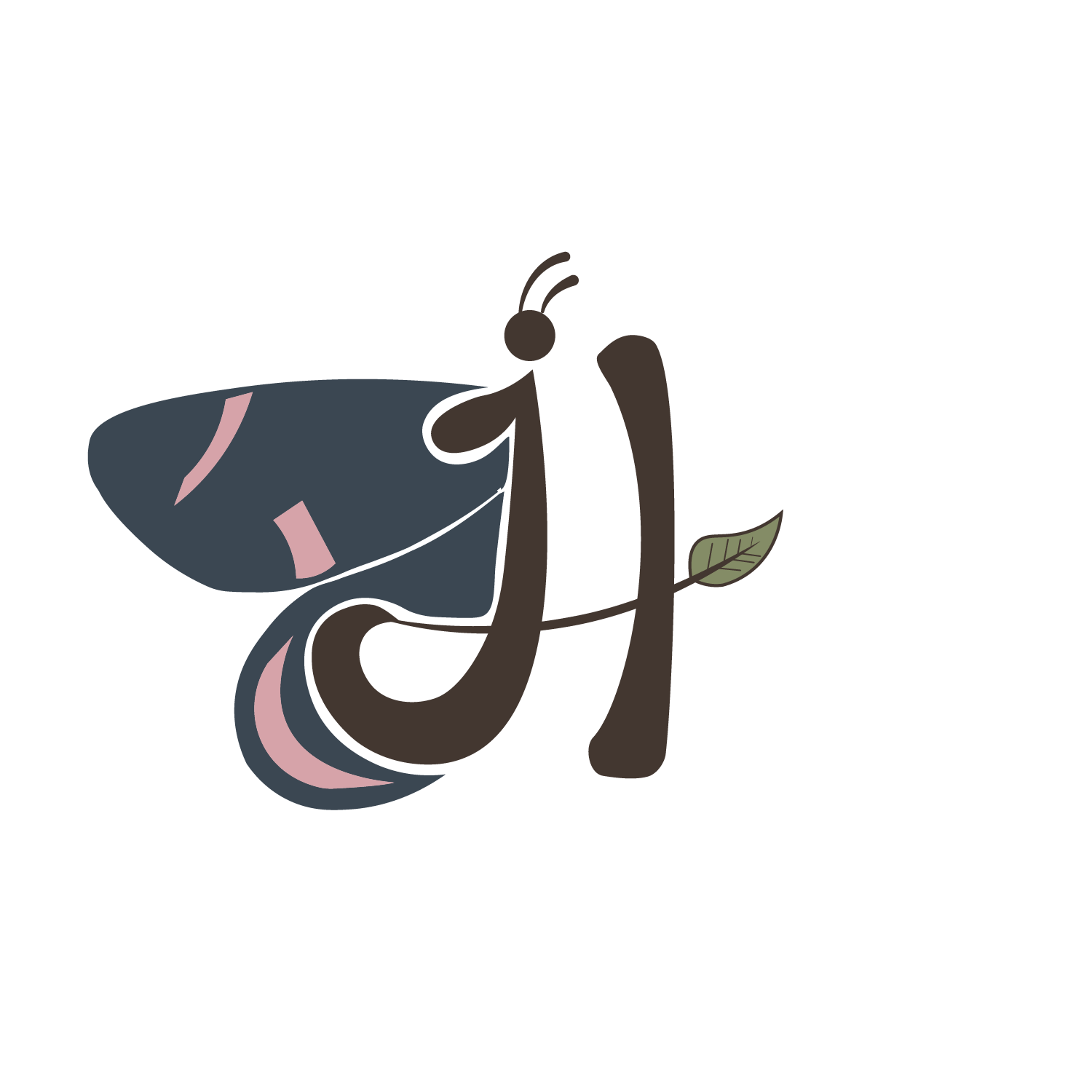 stylized logo combining the letter "J", the letter "H", and a blue and pink butterfly