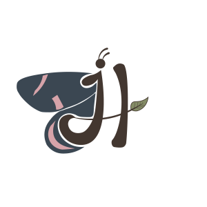 stylized logo combining the letter "J", the letter "H", and a blue and pink butterfly